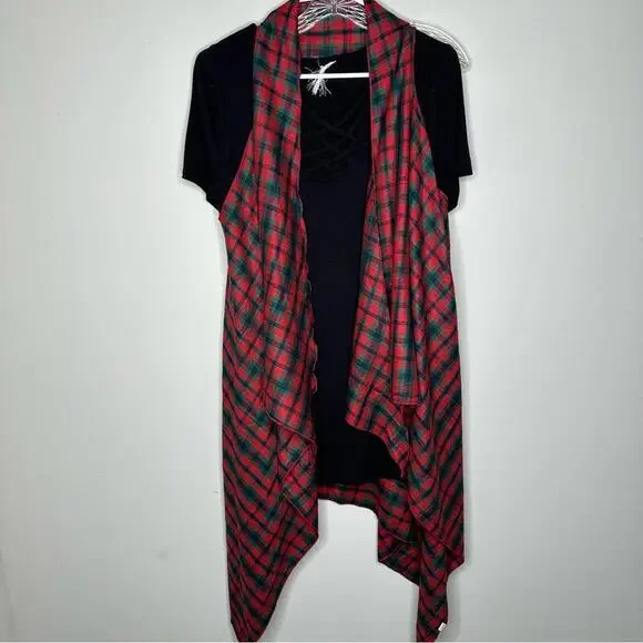 Stylish Red & Green Plaid Open Cardigan Vest - Picture 2 of 9